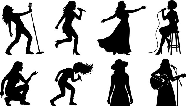 Female Singer and Musician Silhouette Icon Set Featuring Women Vocalists Performing Live Concert Pop Rock Country and Acoustic Guitar Stage Performance Elements (21 words)