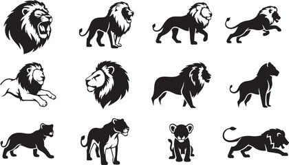 Naklejka premium Lion icons, black silhouettes, vector illustrations, animal symbols