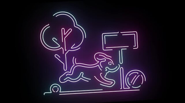 Vibrant Glowing Neon Sign Featuring A Playful Puppy Running Towards A Wooden Park Sign Under A Tree Design Created With Energetic Lines Of Bright Multi Colored Lights On A Stark Black Background Displ