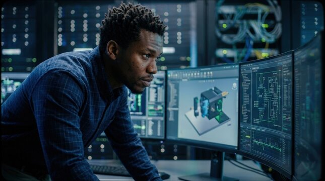 Focused programmer working on computer code in dark office.