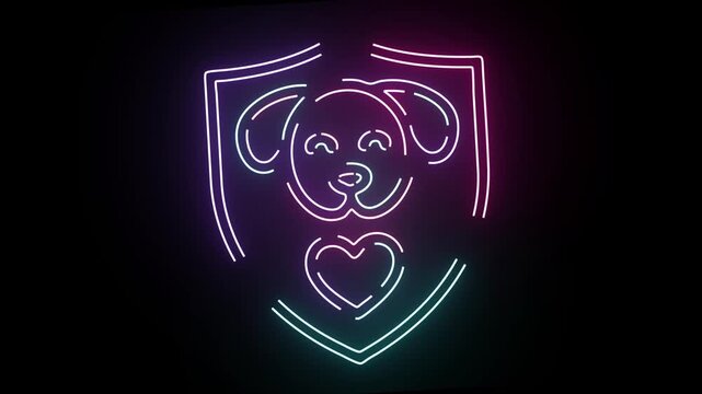 Vibrant Neon Sign Featuring A Stylized Dog Portrait Inside A Protective Shield With A Heart Symbol Glowing With Smooth Color Transitions Against A Deep Black Background Perfect For Veterinary Services