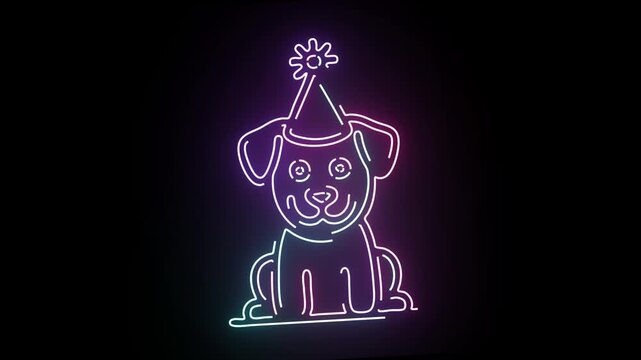 Vibrant Neon Dog Animation with Party Hat Glowing Light Effect on Black Background for Happy Celebration Graphic Design Projects Featuring Minimalist Line Art Style Puppy Graphic in Colorful Mood Ligh