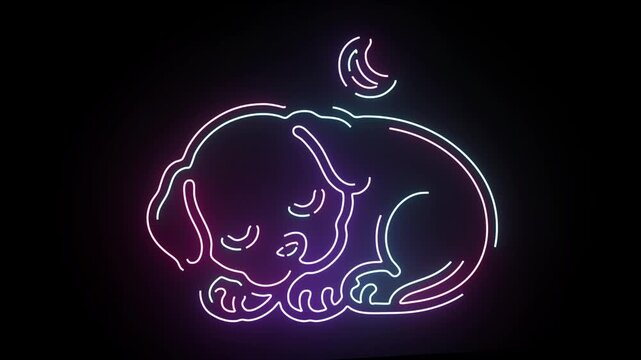 A Cute Neon Sign Featuring A Sleeping Puppy Dog Resting With A Crescent Moon Above In Vivid Pink And Blue Outline Lines Glowing Against A Pitch Black Background Creating A Calm Peaceful Nighttime Atmo