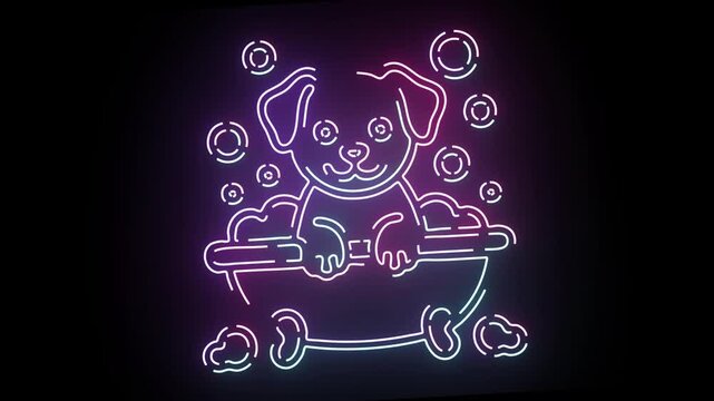 A Vibrant Glowing Neon Sign Featuring A Cute Puppy Taking A Bubbling Bath With Artistic Light Lines And Colorful Strokes Animating Against A Deep Dark Background Perfect For Pet Shop Decor And Design