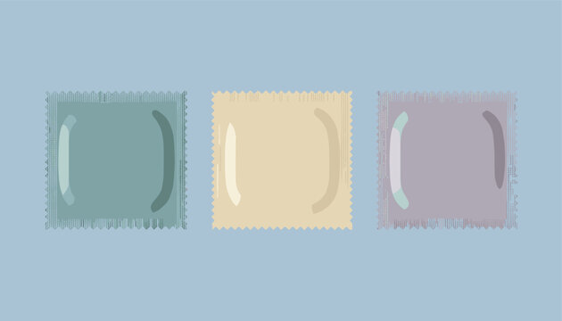Three colorful condom foil packets in green, yellow, and purple arranged in a row over a light blue background for health.