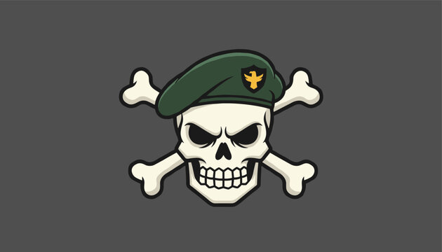 Military themed illustration of a white skull wearing a green beret with a gold bird emblem and crossed bones behind it.