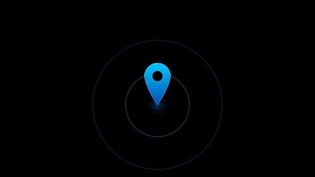 Animated Blue Map Pin Icon with Pulsing Circular Signal on Black Background Loop