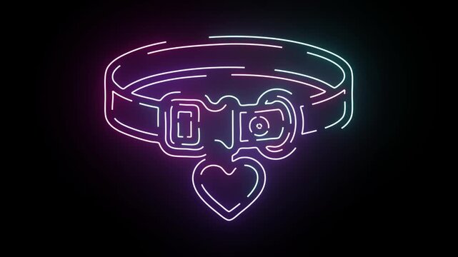 Neon Dog Collar Animation Glowing Purple And Blue Colors With A Shimmering Heart Pendant Icon Displayed Against A Dark Minimalist Background For Pet Supplies And Romantic Animal Accessory Concept Art