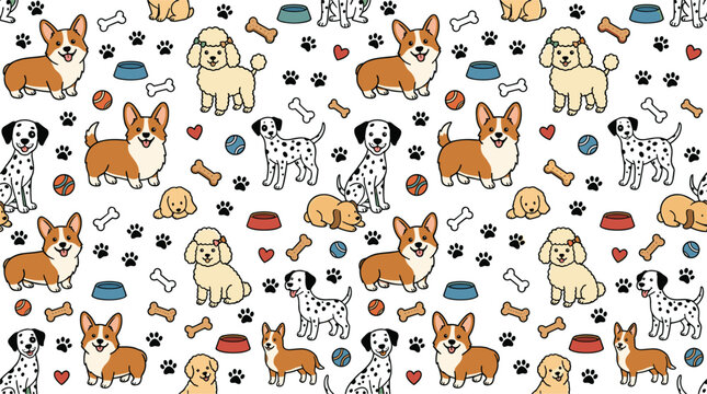 Cute Dog Breed Seamless Pattern Vector Design with Corgi Dalmatian Poodle and Golden Retriever Puppies for Pet Accessories Textiles and Fabric Prints