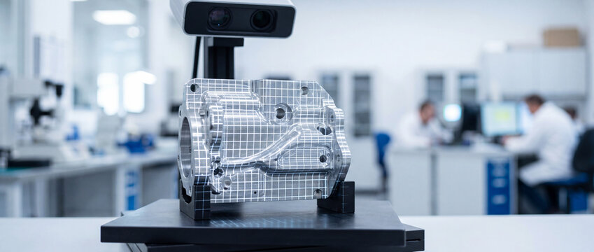 3D scanner performing quality control inspection on metal component in modern manufacturing lab