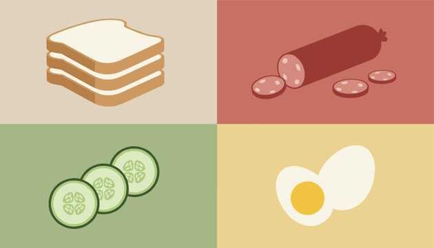 Four quadrants showing different breakfast foods including bread slices, salami pieces, cucumber slices, and a boiled egg.