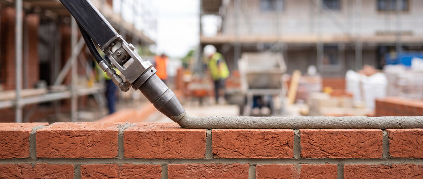 Bricklaying with mortar gun on construction site building a red brick wall by mason
