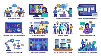 Fototapeta premium Illustrated infographic icons showing modern remote teamwork and business collaboration tools