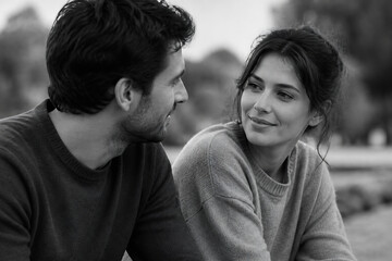 Fototapeta premium A man and a woman are looking at each other outdoors in a park setting.