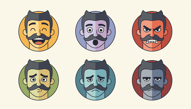 Set of six colorful stylized faces of a man with a mustache showing a range of different emotions from joy to anger and sadness.