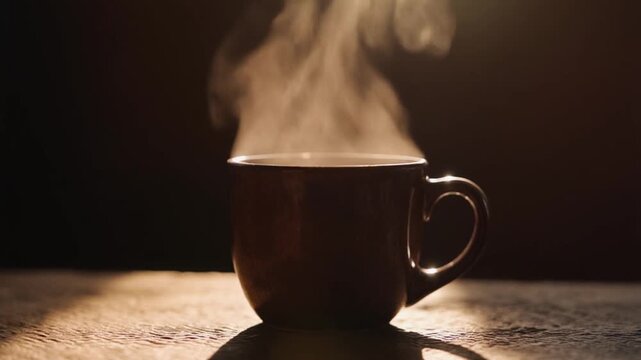 Close up of a steaming hot cup of coffee on a textured table with moody cinematic lighting.