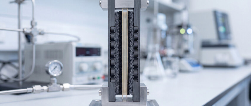 Close-up membrane testing equipment in modern laboratory research and materials science workspace