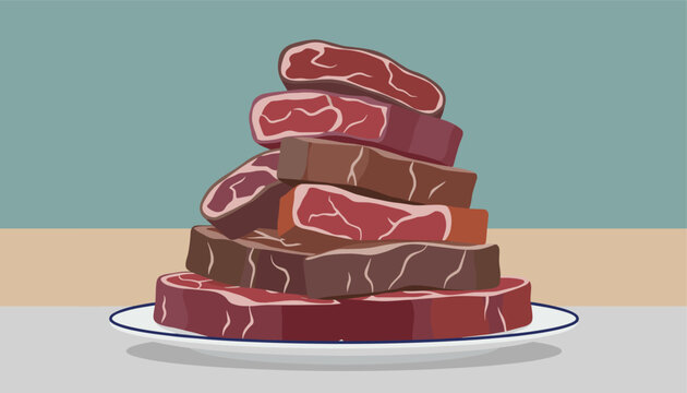 Large stack of fresh raw beef steaks piled high on a white ceramic plate against a simple two-tone blue and tan background wall.