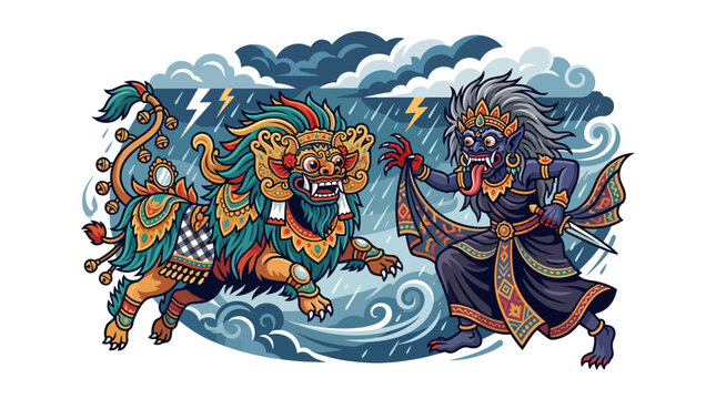 Barong and Rangda fighting amid stormy clouds and lightning.