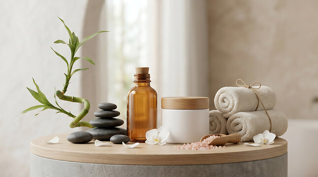 Serene spa setup with herbal oils, smooth stones, and calming decor for relaxation and wellness routine