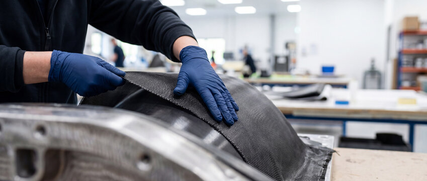 Technician applying carbon fiber composite fabric over mold in industrial workshop with blue gloves