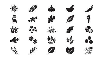 Fototapeta premium Set of assorted spice and herb icons in solid black silhouette with ingredient