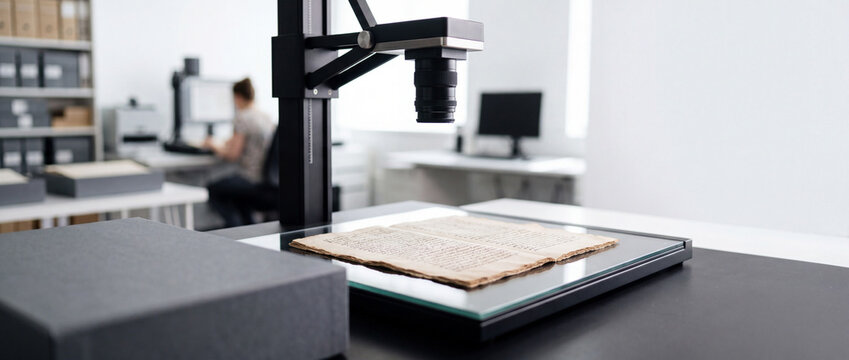 Digitization of historic manuscript in archival lab for preservation and cultural heritage conservation