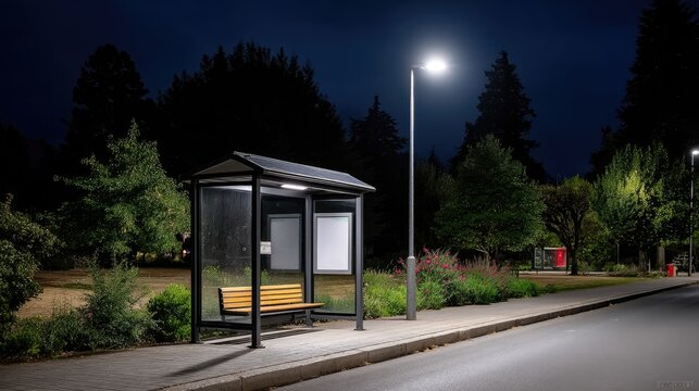 Bus shelter at sunset with solar panel and street light beside a paved road and landscaping under a twilight sky