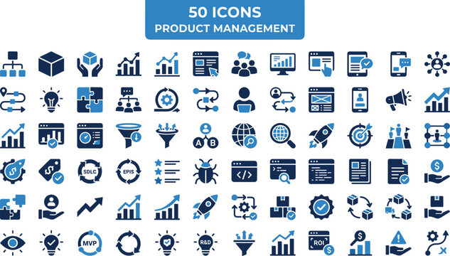Product management business strategy flat icon set featuring agile roadmap metrics development and marketing vectors