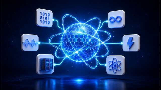 Quantum Computing Sphere Network Technology Concept 3D Render Illustration, Futuristic Computing Power Digital Blue Black Background