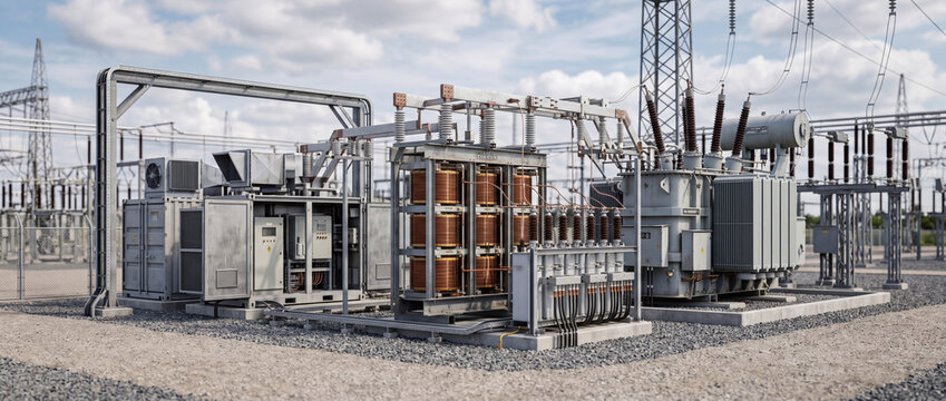 High voltage power transformer and electrical substation equipment at outdoor utility station
