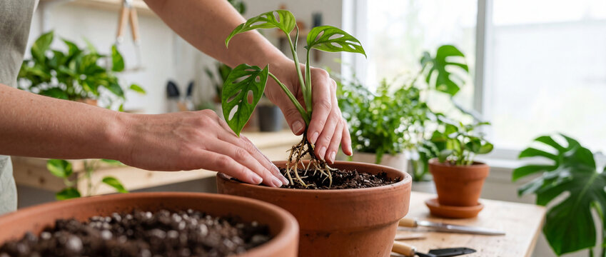 Woman repotting monstera adansonii seedling indoors with hands gardening tools and terracotta pots