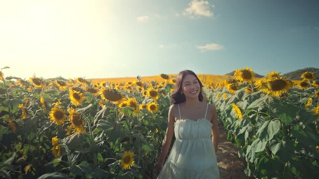 Happy Asian woman in white dress running and smiling through beautiful sunflower field at sunset, cheerful young female traveler enjoying summer vacation in yellow blooming garden for travel, holiday