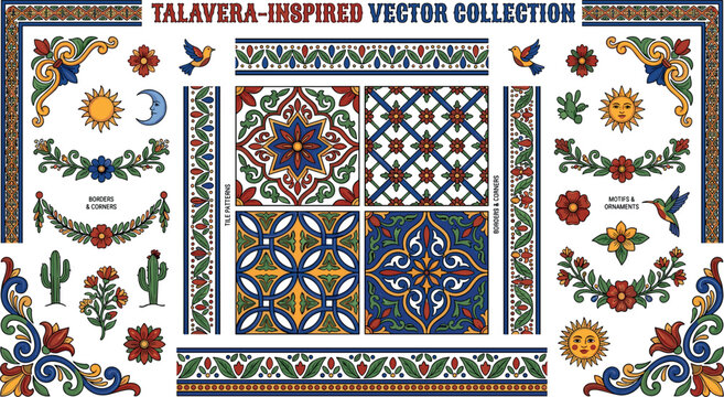 Mexican Talavera Inspired Vector Collection with Traditional Ceramic Tile Patterns Floral Borders Corners Sun Moon and Hummingbird Ornaments for Graphic Design