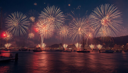 Fototapeta premium A stunning display of golden fireworks illuminating the evening sky over a tranquil harbor with boats