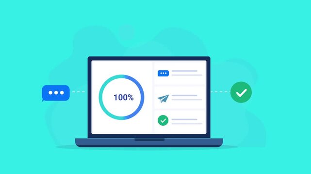 Animated flat vector illustration of a laptop displaying a messaging dashboard with progress indicator, chat communication, and verification icons. Modern business messaging, collaboration, and commun