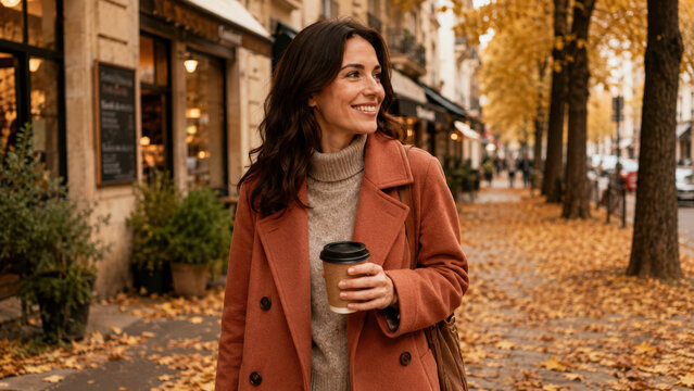 Woman enjoying coffee on a street lined with autumn trees and fallen leaves