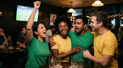 Obraz premium Friends celebrating a sports victory together in a pub