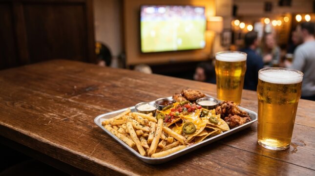 Nachos Fries Chicken Wings and Beer on Table with Sports Game on TV