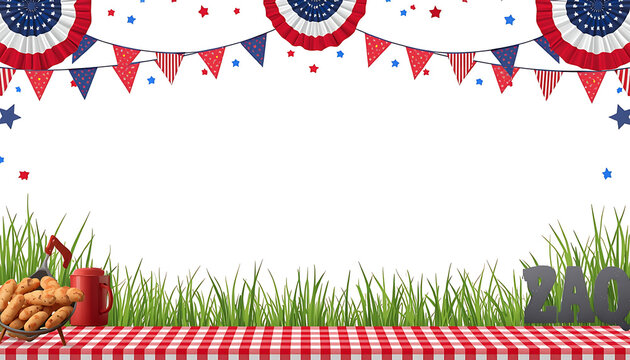 Festive Fourth of July picnic scene featuring a red checkered tablecloth with patriotic bunting and green grass