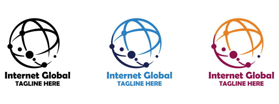 Set of modern global internet network logo designs with abstract globe icons on white background.