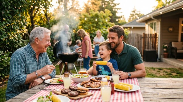 Multi generational family enjoying a backyard barbecue dinner on a sunny evening