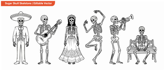Day of the Dead Skeleton Vector Set playing music and dancing in traditional Mexican Dia de los Muertos holiday style, featuring La Catrina, mariachi with guitar, trumpet player, sitting on bench. © Dinali