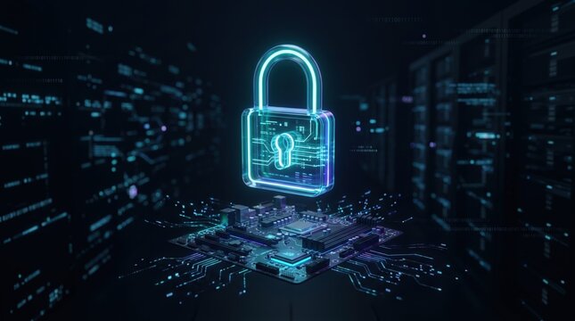 Digital padlock hovering over a computer motherboard with binary code background