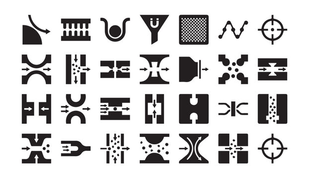 Industrial fluid dynamics and flow control icon set with cross section, dynamics
