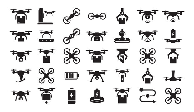 Collection of drone and unmanned aerial vehicle silhouette icons with quadcopter