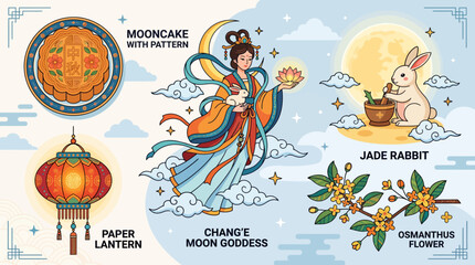 Fototapeta premium Traditional Chinese Mid Autumn Festival Elements Featuring Goddess Chang e Jade Rabbit Mooncake and Decorative Lantern Icons