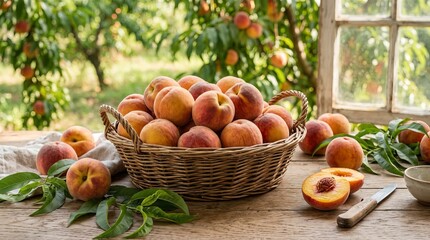 Freshly harvested peaches in a rustic woven basket on wooden table outdoors.