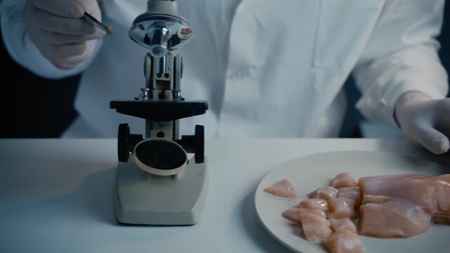 Scientist examining raw chicken meat in laboratory using microscope and testing tools. Food safety inspection and microbiology research concept focused on hygiene, contamination and quality control.