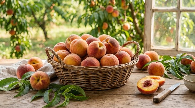 Freshly harvested peaches in a rustic woven basket on wooden table outdoors.